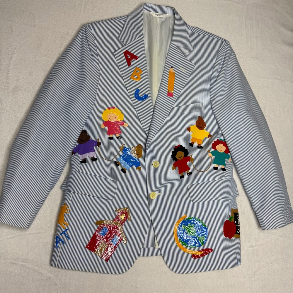 Unique Seersucker Blazer Men's Novelty Applique ABC Kids School Teacher‎ Jacket